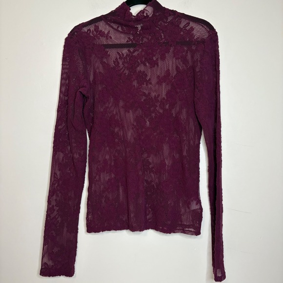 Express One Eleven Lace Mock Neck‎ Top Long Sleeve Mesh Burgundy Size M - Picture 1 of 4